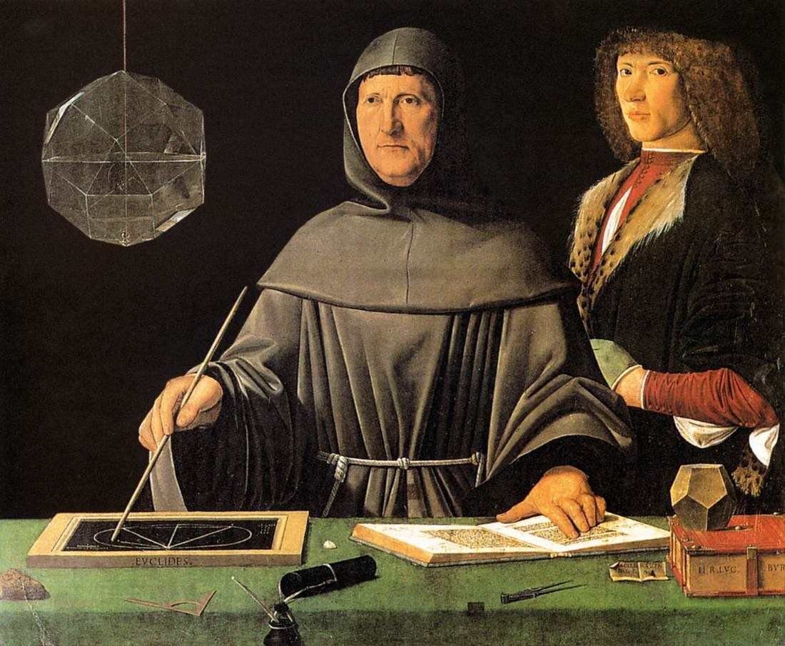 Luca Pacioli, who first published double-entry bookkeeping, at a table with a geometry lesson