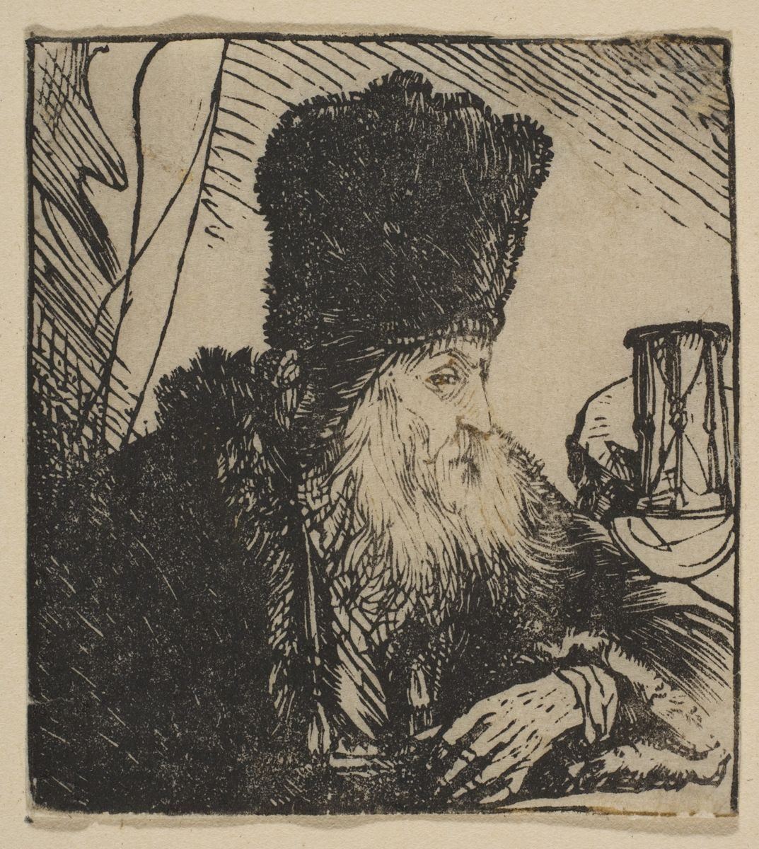 An old philosopher in a fur hat beside an hourglass
