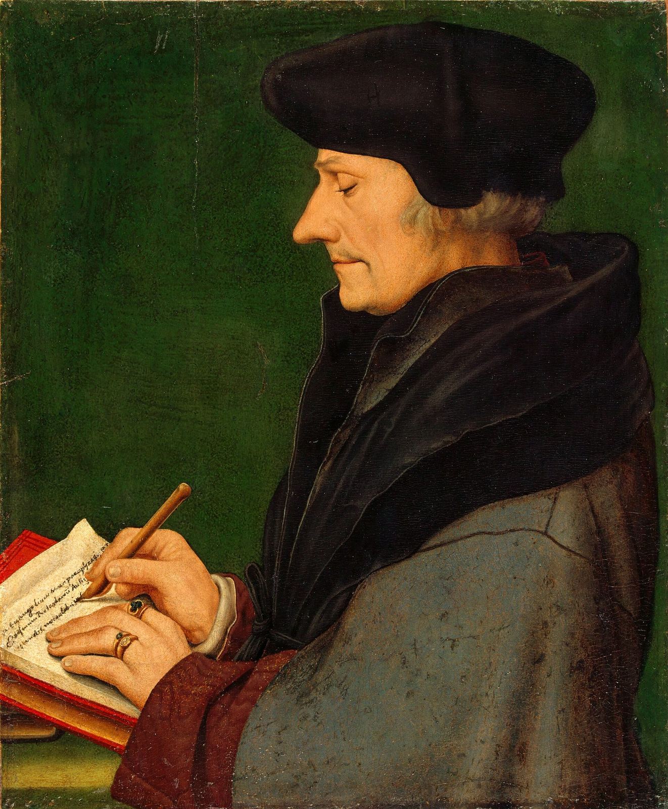 Erasmus in profile, writing
