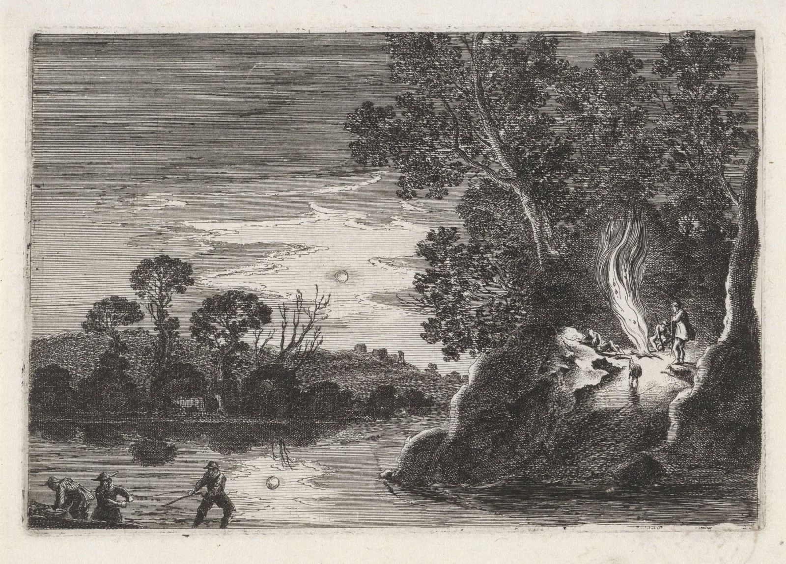 Small figures gathered around a campfire under trees beside a river at night